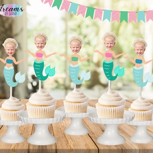 Mermaid Face Cupcake Toppers, Under the Sea Birthday Party, Little Mermaid party, photo face cutout, personalized cupcake toppers