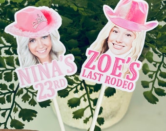 Cowgirl hat, western photo cupcake toppers, bachelorette party decor hat, cupcake toppers, face toppers, rodeo face toppers