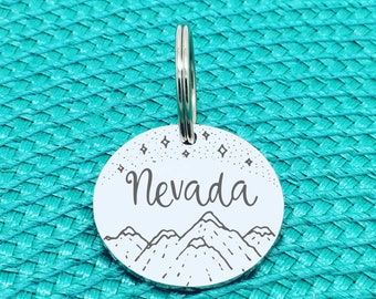 Bonita placa de identificación personalizada para perro, diseño de montaña, acero inoxidable, placa grabada, collar para mascota, placa de identificación para perro, perro, placa de identificación para perro, correa para perro, regalo para cachorro nuevo, cachorro