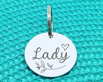 Personalized Dog Name Tag, Cute Simple Dog Name Tag, Personalised Pet Dog Cat ID Tag, Engraved Silver Dog Tags, Cat Name Tag, Floral Dog Tag