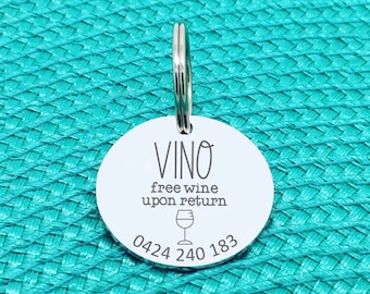 Placa de identificación personalizada para perros, vino gratis a cambio, placa grabada para mascotas, placa con el nombre del perro, placa de identificación divertida y linda para mascotas, para amantes del vino, regalo para collar de perro