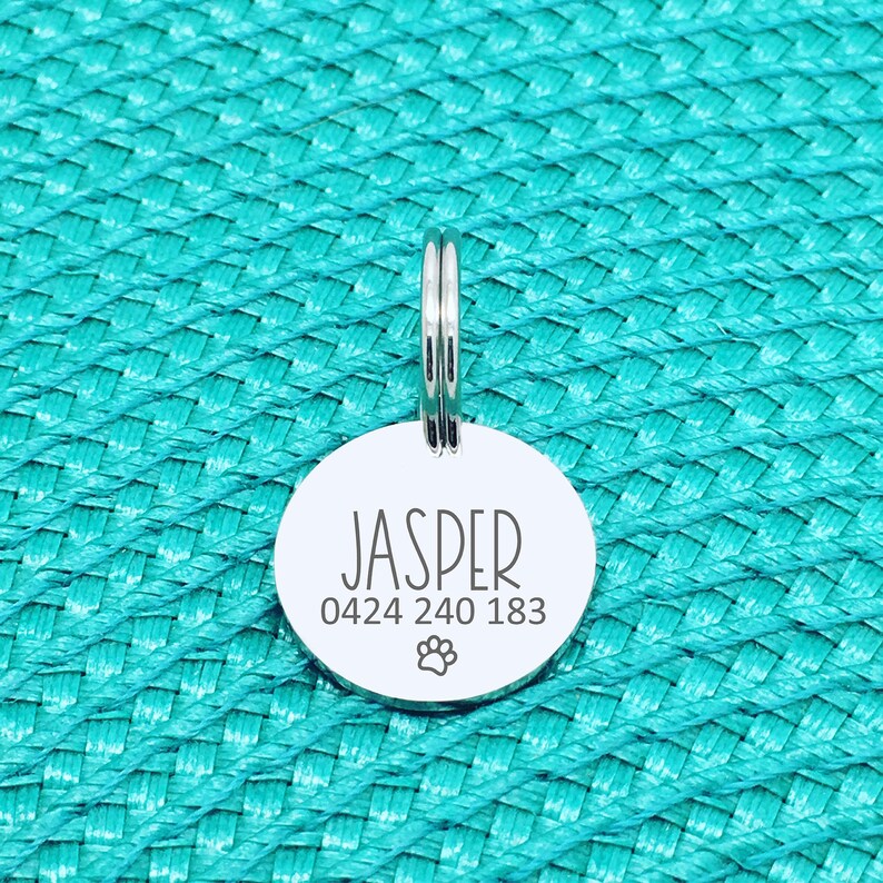 May include: A round, silver pet tag with the name "JASPER" in a stylish font. Below the name is a phone number and a paw print icon. The tag is attached to a silver ring, set against a textured turquoise background.