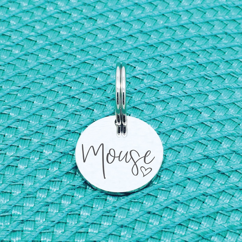 May include: Silver round pet tag with the name "Mouse" engraved in cursive script and a small heart symbol.