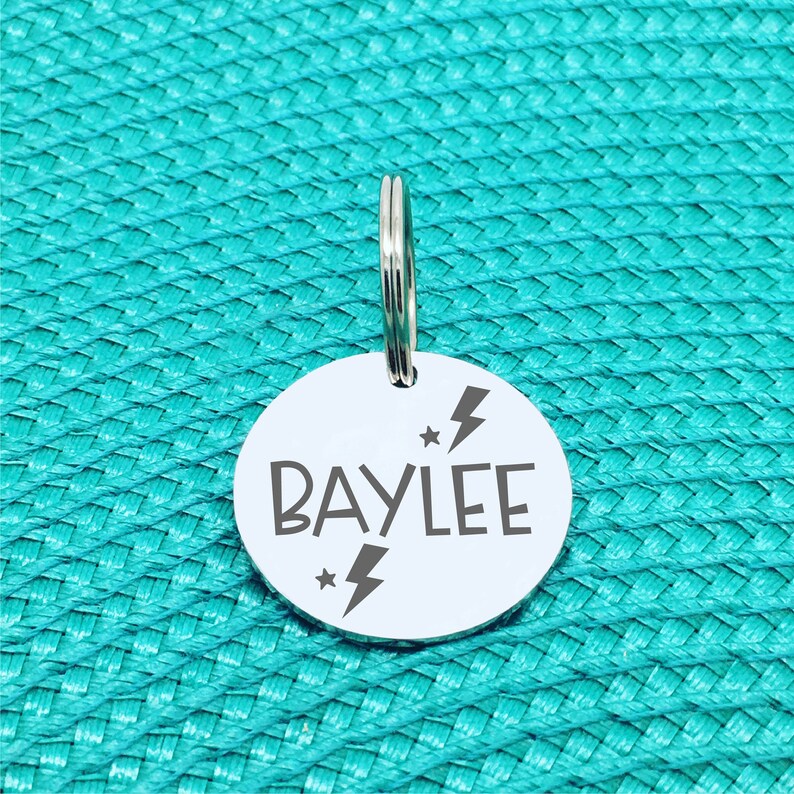 May include: A round, silver pet tag with the name "BAYLEE" in a bold, playful font. The tag features lightning bolt and star graphics. A silver ring is attached at the top for easy attachment to a collar. The background is a textured teal surface.