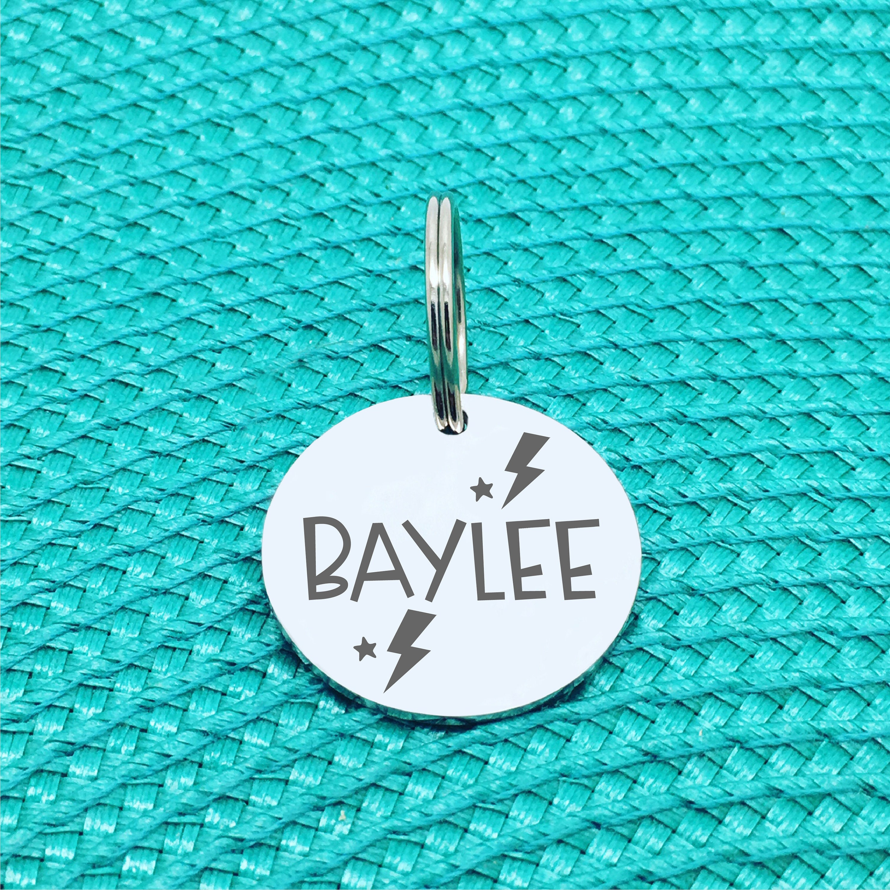 Custom Dog Name Tag Lightning Bolt Star Design Silver Round Etsy