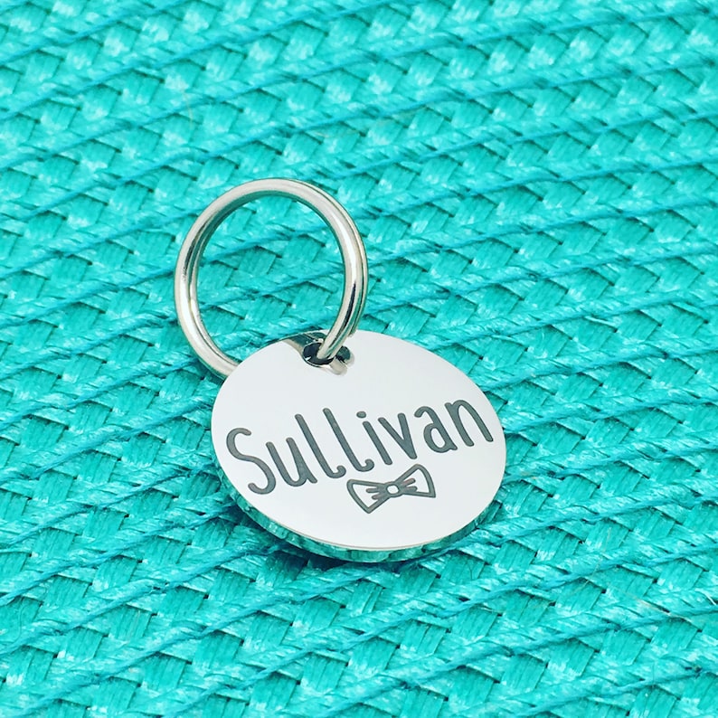Small Dog Tag Cat Tag ID Tag Custom Cat Tag Personalized Cat Tag Cat Name Tag Cat Collar Cat Kitten Hand Made Engraved Cat Dog Bow Tie Love image 4