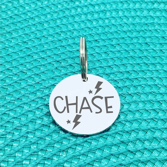 Custom Dog Name Tag, Lightning Bolt Star Design, Silver Round Engraved Pet ID Tag, Engraved Double Sided Microchip Council Tag, Dog Collar