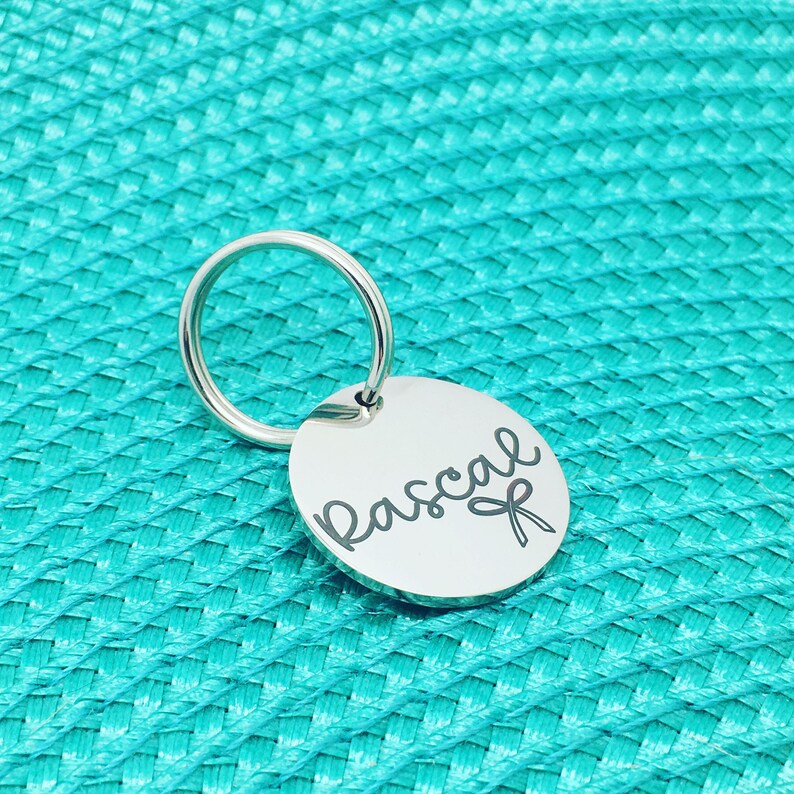 May include: A round, silver-colored pet tag with the name "Rascal" in a cursive font and a bow graphic. The tag is attached to a silver key ring. The background is a textured turquoise surface.