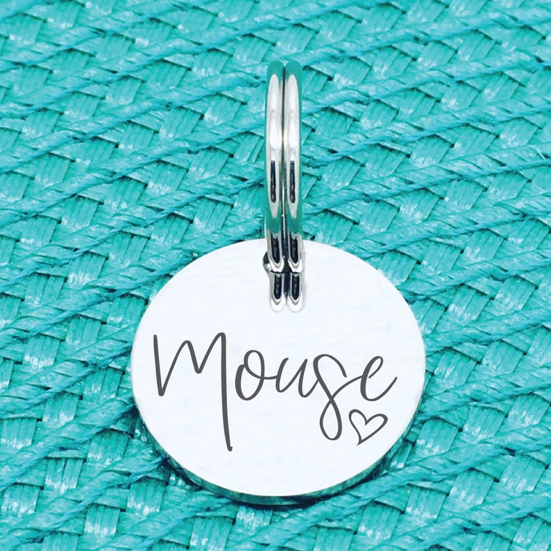 May include: Silver pet tag with the name "Mouse" engraved in a cursive font with a small heart symbol.