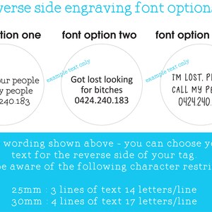 May include: Image showing reverse side engraving font options. Three circular examples display text and phone numbers. The text includes phrases like "Have your people call my people" and "I'M LOST. PLEASE CALL MY PEOPLE".