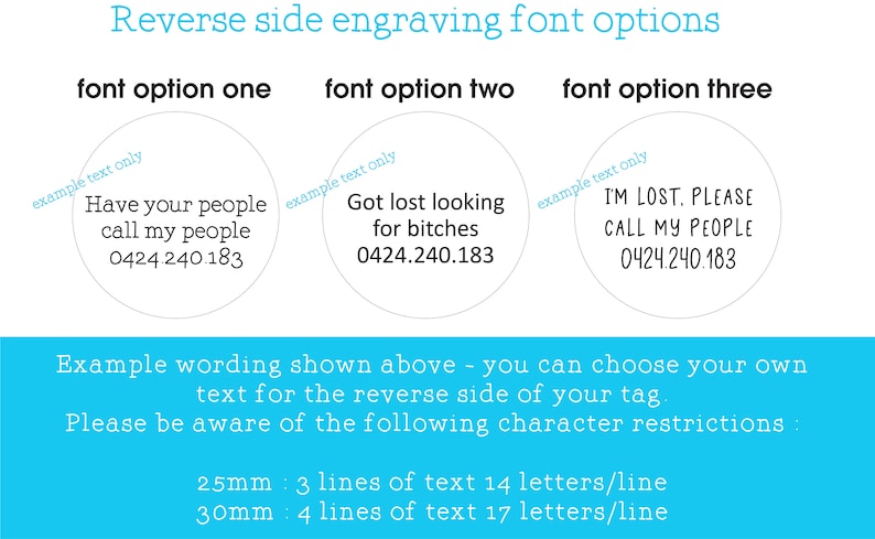 May include: Image showing reverse side engraving font options. Three circular examples display text and phone numbers. The text includes phrases like "Have your people call my people" and "I'M LOST. PLEASE CALL MY PEOPLE".