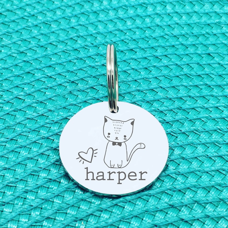 Cat Name Tag Tag Custom Cat Tag Personalized Cat Tag Cat Tag ID Tag Cat Collar Cat ID Tag Cat Kitten Hand Made Engraved Cat Cat Gift Love image 1