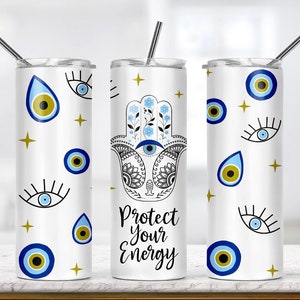 Protect Your Energy 20oz Skinny Tumbler- Personalized Evil Eye Tumbler for Women- Christmas Gift-White Elephant Gift