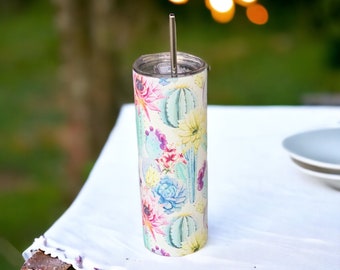 Watercolor Cactus 20oz Matte Skinny Tumbler With Straw-  Personalized Cactus Tumbler for Women- Cactus Travel Mug for Women