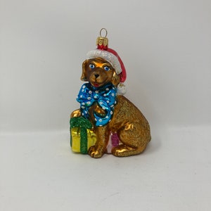 Dog with presents - Glass Christmas Ornaments, Traditional Polish Glass, Hand Blown ,Hand-Painted,  Christmas Tree Decoration, Art Glass,