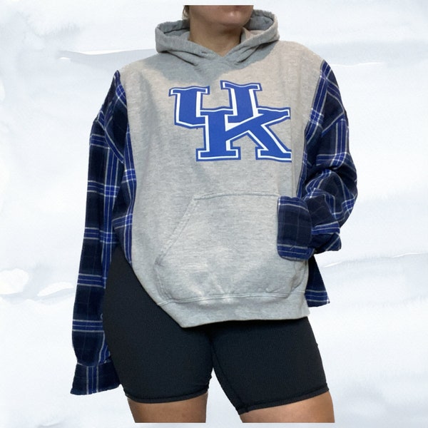 ReWorked University of Kentucky Flannel, Upcycled Hoodie Flannel Combo, UK Wildcats Oversized S/M GameDay Sweatshirt, Blue + Grey