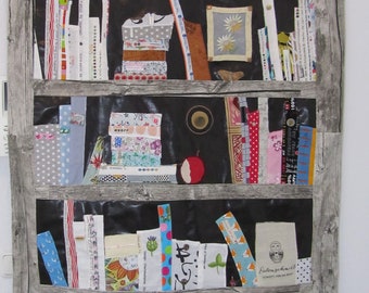 Patchwork-Quilt-Wandbehang-Bücherregal-Unikat