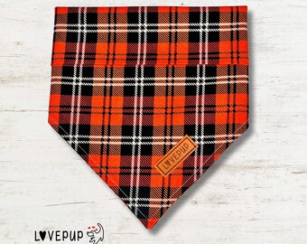 Pumpkin Patch Halloween Tie Up Dog Bandana | Halloween Dog Accessories | Black Orange Tartan Dog Bandana