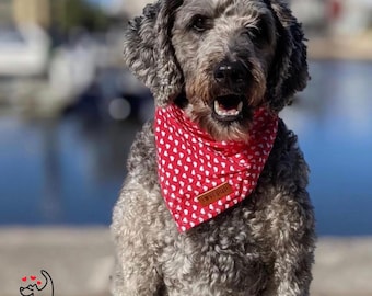 Red Heart Dog Bandana, Handmade Tie Up Dog Scarf, Valentine Dog Accessory