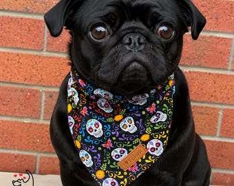 Sugar Skull Dog Bandana, Halloween Dog Scarf, Handmade Tie Up Pet Bandana, Spooky Dog Accessory