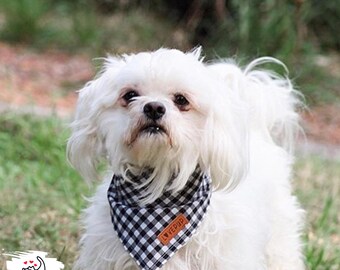 Black Gingham Dog Bandana, Handmade Tie Up Dog Scarf, Black & White Check Pet Accessory