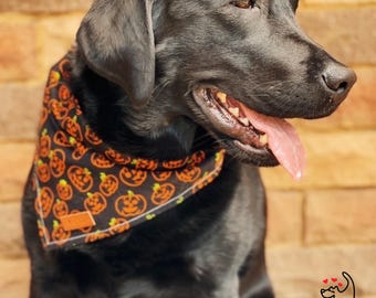 Pumpkin Dog Bandana, Halloween Dog Scarf, Handmade Tie Up Pet Bandana, Spooky Dog Accessory
