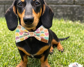 Candy Hearts Dog Bow Tie, Handmade Valentine's Day Pet Accessory, Heart Collar Bow