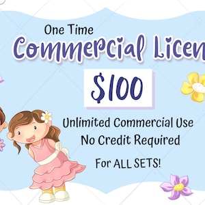 May include: A blue and white illustration of a commercial license for $100. The license is for unlimited commercial use with no credit required for all sets. The illustration features two cartoon children.
