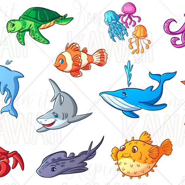 Sea Animals Clip Art, Kawaii Sea Animals, Animal Clip Art Bundle, Clip Art For Teachers