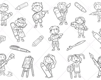 Kids With Big Art Supplies Digital Stamps, School Supply Clipart, Kids School Supplies Clipart,  Clip Art For Teachers