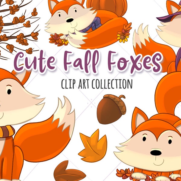 Cute Fall Foxes Clip Art Collection, Kawaii Foxes Clipart, Cute Halloween Art, Woodland Party, Woodland Shower