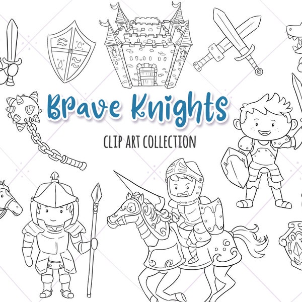 Brave Knights Clip Art Collection, Cute Fantasy Knights, Medieval Knights Clipart, Cute Dragon Graphics, Castle Clip Art