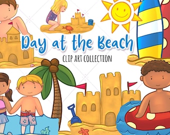 Fun Day At the Beach Clip Art Set - Cute Kids Beach Clip Art - Summer Time Clip Art - Sandcastle Clipart - Kawaii Clipart, Cute Clip Art