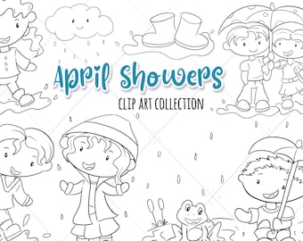 April Showers Cute Digital Stamp Collection, Rain Showers, Kids Playing in the Rain, Cute Kids Spring Clipart Set, Rain Puddles