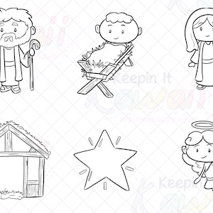 May include: Black and white line art illustration of a nativity scene. The illustration includes a manger with a baby inside, a star, a shepherd, an angel, and a stable.