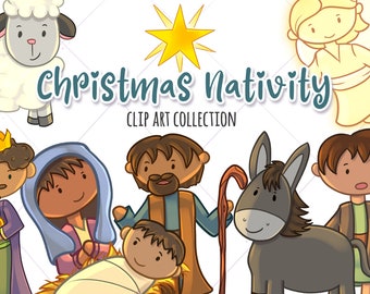 Cute Christmas Nativity Clip Art, Bible Story Christmas Clipart, Jesus Birth Story Graphics, Christmas Morning Clip Art Collection