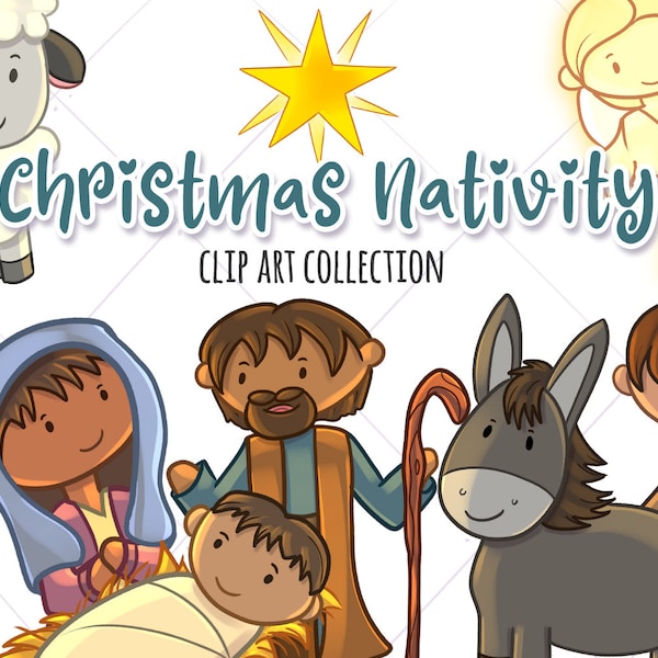 Cute Christmas Nativity Clip Art, Bible Story Christmas Clipart, Jesus Birth Story Graphics, Christmas Morning Clip Art Collection