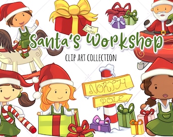 Santa's Workshop Clip Art Collection, Cute Christmas Clip art, Santa Clipart, Christmas Time Illustrations