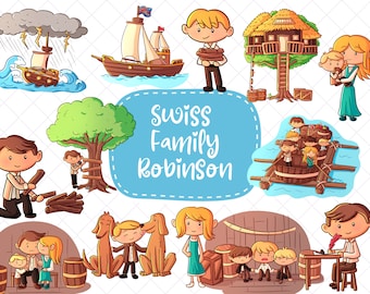 Swiss Family Robinson Clipart, Cute Story Book Clipart, Kawaii Classroom Clipart, Adventure Story Clipart