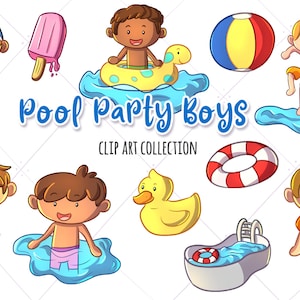 Cute Pool Party Boys Clip Art Collection, Pool Party Clipart, Kids Pool Party Invite