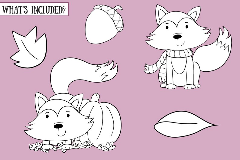 Cute Fall Foxes Black and White Clip Art Collection, Kawaii Foxes Coloring Pages, Cute Fall Illustrations, Woodland Nursery, Woodland Shower image 2