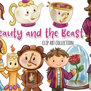 Clipart La Bella y la Bestia, La Bella Kawaii y la Bestia, Lindos Gráficos de Cuento de Hadas, Colección de Imágenes Prediseñadas de la Princesa