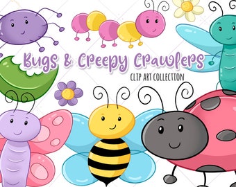 Cute Bugs Clip Art, Kawaii Bugs Clipart, Bugs and Flowers Clipart, Spring Clip Art, Descarga instantánea