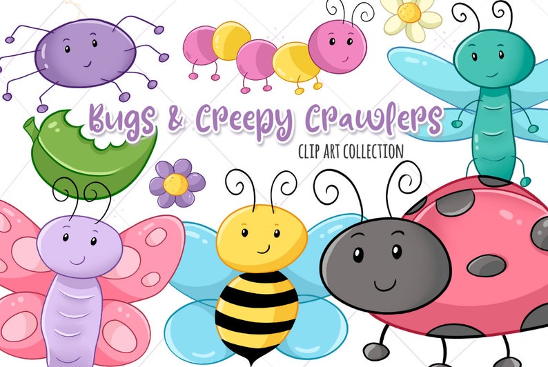 Download Cute Bugs Clip Art Kawaii Bugs Clipart Bugs and Flowers | Etsy