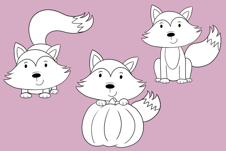 Cute Fall Foxes Black and White Clip Art Collection, Kawaii Foxes Coloring Pages, Cute Fall Illustrations, Woodland Nursery, Woodland Shower image 5