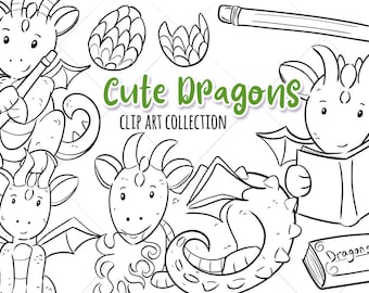 Cute Dragon Black and White Clipart, Magical Dragon Coloring, Kawaii Dragon Clipart, Dragon Illustrations, Cute Dragon Art