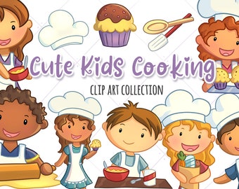 Cute Kids Cooking Clipart Set, Kawaii Kids Baking Clip Art, Kids Making Cupcakes, Kids with Food, Cooking Clip Art, Cooking Graphics
