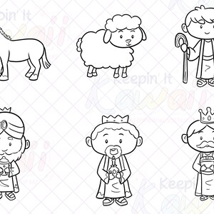 May include: Black and white line art illustration of a donkey, a sheep, a shepherd, and three wise men. The wise men are wearing crowns and carrying gifts. The illustration is a depiction of the nativity story.