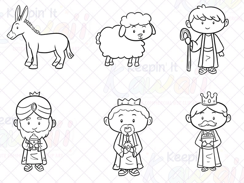 May include: Black and white line art illustration of a donkey, a sheep, a shepherd, and three wise men. The wise men are wearing crowns and carrying gifts. The illustration is a depiction of the nativity story.