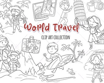 World Travel Clip Art, Tourists Clipart, Vacation Clipart, Travel Graphics, Kawaii Kids, Cute Kids Traveling